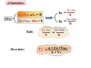 xE =
xE =
A l’équivalence
CA ×VA- aXE = 0
CB ×VB,E - bXE = 0
CA ×VA
a
CB ×VB,E
b
= b
CB ×VB,E
Soit:
a
CA ×VA
On a donc: a × CB ×VB,E
= b × VA
CA
On a
 