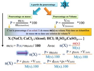 A partir du pourcentage 3
Pourcentage en Volume
Pourcentage en masse
P = *100
m(échantillon)
m(X)
P = *100
V(Solution)
V(X)
C’est le pourcentage d’un soluté X de masse m(x) ou volume V(x) dans un échantillon
de masse m ou dans une solution de volume V
X:{NaCl; CaCl2 ;Alcool; HCl; H2SO4;CuSO4…. }
m(X) = P(X)×m(éch) / 100 Avec
M(x)
n(X) =
m(x)
P× m(éch)
n(X) = =
M(x).100
P × ρ(éch) ×V(éch)
M(x).100
P × ρ(éch) ×V(éch) P× d(éch) ×ρ0 ×V(éch)
n(X) = =
M(x).100 M(x).100
 