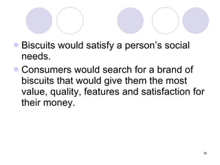 35
 Biscuits would satisfy a person’s social
needs.
 Consumers would search for a brand of
biscuits that would give them the most
value, quality, features and satisfaction for
their money.
 