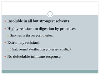  Insoluble in all but strongest solvents
 Highly resistant to digestion by proteases
 Survives in tissues post-mortem
 Extremely resistant
 Heat, normal sterilization processes, sunlight
 No detectable immune response
 
