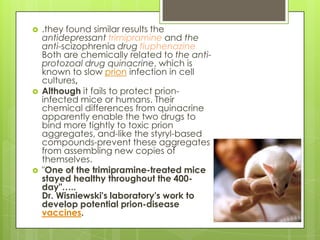    .they found similar results the
    antidepressant trimipramine and the
    anti-scizophrenia drug fluphenazine
    Both are chemically related to the anti-
    protozoal drug quinacrine, which is
    known to slow prion infection in cell
    cultures,
   Although it fails to protect prion-
    infected mice or humans. Their
    chemical differences from quinacrine
    apparently enable the two drugs to
    bind more tightly to toxic prion
    aggregates, and-like the styryl-based
    compounds-prevent these aggregates
    from assembling new copies of
    themselves.
   "One of the trimipramine-treated mice
    stayed healthy throughout the 400-
    day"…..
    Dr. Wisniewski's laboratory's work to
    develop potential prion-disease
    vaccines.
 