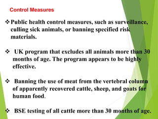 Control Measures
Public health control measures, such as surveillance,
culling sick animals, or banning specified risk
materials.
 UK program that excludes all animals more than 30
months of age. The program appears to be highly
effective.
 Banning the use of meat from the vertebral column
of apparently recovered cattle, sheep, and goats for
human food.
 BSE testing of all cattle more than 30 months of age.
 
