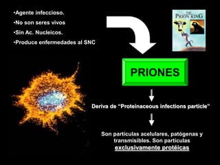 •Agente infeccioso.
•No son seres vivos
•Sin Ac. Nucleicos.
•Produce enfermedades al SNC
Deriva de “Proteinaceous infections particle”
Son partículas acelulares, patógenas y
transmisibles. Son partículas
exclusivamente protéicas
PRIONES
 