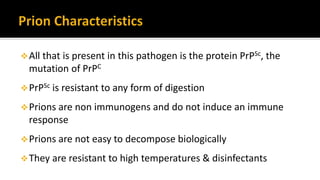 All that is present in this pathogen is the protein PrPSc, the
mutation of PrPC
PrPSc is resistant to any form of digestion
Prions are non immunogens and do not induce an immune
response
Prions are not easy to decompose biologically
They are resistant to high temperatures & disinfectants
 