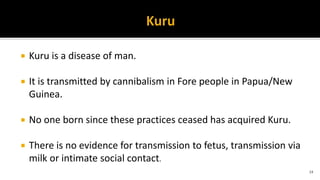 Kuru is a disease of man.
 It is transmitted by cannibalism in Fore people in Papua/New
Guinea.
 No one born since these practices ceased has acquired Kuru.
 There is no evidence for transmission to fetus, transmission via
milk or intimate social contact.
24
 