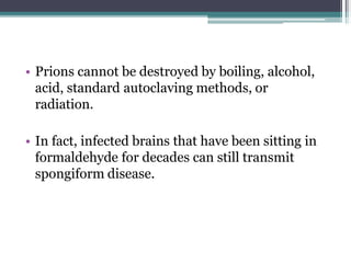 • Prions cannot be destroyed by boiling, alcohol,
acid, standard autoclaving methods, or
radiation.
• In fact, infected brains that have been sitting in
formaldehyde for decades can still transmit
spongiform disease.
 