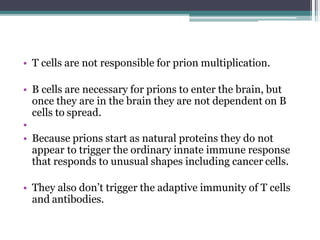 • T cells are not responsible for prion multiplication.
• B cells are necessary for prions to enter the brain, but
once they are in the brain they are not dependent on B
cells to spread.
•
• Because prions start as natural proteins they do not
appear to trigger the ordinary innate immune response
that responds to unusual shapes including cancer cells.
• They also don’t trigger the adaptive immunity of T cells
and antibodies.
 