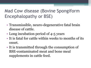 Mad Cow disease (Bovine Spongiform
Encephalopathy or BSE)
• Transmissible, neuro-degenerative fatal brain
disease of cattle.
• Long incubation period of 4-5 years
• It is fatal for cattle within weeks to months of its
onset.
• It is transmitted through the consumption of
BSE-contaminated meat and bone meal
supplements in cattle feed.
 