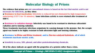 Concept of Prions – Virology (MICROB-CC402) Assignment 2021
Molecular Biology of Prions
The evidence that prions are not conventional viruses is based on the fact that nucleic acid is not
necessary for infectivity, as they show:
■ Resistance to heat inactivation: Infectivity is reduced but not eliminated by high temperature
autoclaving (135°C for 18 minutes). Some infectious activity is even retained after treatment at
600°C
■ Resistance to radiation damage: Infectivity was found to be resistant to shortwave ultraviolet
radiation and to ionizing radiation.
These treatments inactivate infectious organisms by causing damage to the genome. But, the scrapie
agent was found to be highly resistant to both ultraviolet light and ionizing radiation.
■ Resistance to DNAse and RNAse treatment, and to Zinc-ion catalyzed hydrolysis, all of which
treatments inactivate nucleic acids.
■ Sensitivity to urea, SDS, phenol, and other protein-denaturing chemicals.
All of the above indicate an agent with the properties of a protein rather than a virus.
23
 