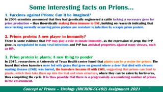 Concept of Prions – Virology (MICROB-CC402) Assignment 2021
Some interesting facts on Prions…
1. Vaccines against Prions: Can it be imagined?
In 2006 scientists announced that they had genetically engineered a cattle lacking a necessary gene for
prion production – thus theoretically making them immune to BSE, building on research indicating that
mice lacking normally occurring prion protein are resistant to infection by scrapie prion protein.
2. Prions protein: A new player in immunity?
There is some evidence that PrP may play a role in innate immunity, as the expression of prnp, the PrP
gene, is upregulated in many viral infections and PrP has antiviral properties against many viruses, such
as HIV.
3. Prion protein in plants: A new thing to ponder
In 2015, researchers at University of Texas Health center found that plants can be a vector for prions. The
found that when hamsters were fed with grass that grew on ground where a deer that died with chronic
wasting disease (CWD) was buried, the hamsters became ill with CWD, suggesting that prions can bind to
plants, which then take them up into the leaf and stem structure, where they can be eaten by herbivores,
thus completing the cycle. It is thus possible that there is a progressively accumulating number of prions
in the environment.
24
 