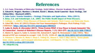 Concept of Prions – Virology (MICROB-CC402) Assignment 2021
References
1. A.J. Cann, Principles of Molecular Virology, Sixth Edition - Elsevier Academic Press (2015).
2. Edward K. Wagner, Martinez J. Hewlett, David C. Bloom, David Camerini - Basic Virology, 3rd
Edition-Wiley - Blackwell (2007).
3. John Carter, Venetia Saunders – Virology: Principles and Applications - Wiley (2013).
4. Belay, E.D. and Schonberger, L.B., 2005. The Public Health Impact of Prion Diseases.
5. Collinge, J., (2001). Prion Diseases of Humans and Animals: Their Causes and Molecular Basis.
6. Zabel MD, Avery AC (2015) Prions—Not Your Immunologist’s Pathogen. PLoS Pathog 11(2):
e1004624. https://doi.org/10.1371/journal.ppat.1004624
7. Lathe R, Darlix JL (December 2017). "Prion Protein PRNP: A New Player in Innate Immunity? The
Aβ Connection". Journal of Alzheimer's Disease Reports. 1 (1): 263–275. doi:10.3233/ADR-170037
8. Büeler H, Aguzzi A, Sailer A, Greiner RA, Autenried P, Aguet M, Weissmann C (July 1993). "Mice
devoid of PrP are resistant to scrapie". Cell. 73 (7): 1339–47. doi:10.1016/0092-8674(93)90360-3
9. Pritzkow S, Morales R, Moda F, Khan U, Telling GC, Hoover E, Soto C (May 2015). "Grass plants
bind, retain, uptake, and transport infectious prions". Cell Reports. 11 (8): 1168–75.
doi:10.1016/j.celrep.2015.04.036
10. wikipedia.org
26
 