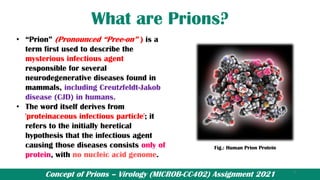 Concept of Prions – Virology (MICROB-CC402) Assignment 2021
What are Prions?
• “Prion” (Pronounced “Pree-on” ) is a
term first used to describe the
mysterious infectious agent
responsible for several
neurodegenerative diseases found in
mammals, including Creutzfeldt-Jakob
disease (CJD) in humans.
• The word itself derives from
'proteinaceous infectious particle'; it
refers to the initially heretical
hypothesis that the infectious agent
causing those diseases consists only of
protein, with no nucleic acid genome.
Fig.: Human Prion Protein
3
 