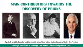 Concept of Prions – Virology (MICROB-CC402) Assignment 2021
MAIN CONTRIBUTORS TOWARDS THE
DISCOVERY OF PRIONS
Fig. (Left to right): Hans Gerhard Creutzfeldt, Alfons Maria Jakob, Carlton Gajdusek, Stanley Ben Prusiner
5
 