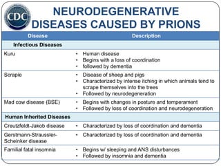 NEURODEGENERATIVE
DISEASES CAUSED BY PRIONS
Disease

Description

Infectious Diseases
Kuru

• Human disease
• Begins with a loss of coordination
• followed by dementia

Scrapie

• Disease of sheep and pigs
• Characterized by intense itching in which animals tend to
scrape themselves into the trees
• Followed by neurodegeneration

Mad cow disease (BSE)

• Begins with changes in posture and temperament
• Followed by loss of coordination and neurodegeneration

Human Inherited Diseases
Creutzfeldt-Jakob disease

• Characterized by loss of coordination and dementia

Gerstmann-StrausslerScheinker disease

• Characterized by loss of coordination and dementia

Familial fatal insomnia

• Begins w/ sleeping and ANS disturbances
• Followed by insomnia and dementia

 