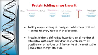  Folding means arriving at the right combinations of Φ and
Ψ angles for every residue in the sequence.
 Proteins fold on a defined pathway (or a small number of
alternative pathways); they don't randomly search all
possible conformations until they arrive at the most stable
(lowest free energy) structure.
Protein folding as we know it
 