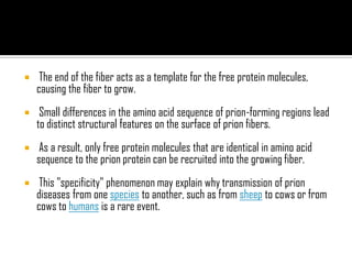  The end of the fiber acts as a template for the free protein molecules,
causing the fiber to grow.
 Small differences in the amino acid sequence of prion-forming regions lead
to distinct structural features on the surface of prion fibers.
 As a result, only free protein molecules that are identical in amino acid
sequence to the prion protein can be recruited into the growing fiber.
 This "specificity" phenomenon may explain why transmission of prion
diseases from one species to another, such as from sheep to cows or from
cows to humans is a rare event.
 