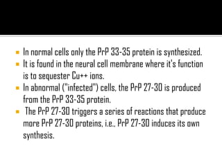  In normal cells only the PrP 33-35 protein is synthesized.
 It is found in the neural cell membrane where it's function
is to sequester Cu++ ions.
 In abnormal ("infected") cells, the PrP 27-30 is produced
from the PrP 33-35 protein.
 The PrP 27-30 triggers a series of reactions that produce
more PrP 27-30 proteins, i.e., PrP 27-30 induces its own
synthesis.
 