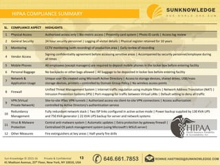 HIPAA COMPLIANCE SUMMARY
13Sun Knowledge © 2015-16 Private & Confidential
SL. COMPLIANCE ASPECT HIGHLIGHTS
1 Physical Access Authorized access only | Bio-metric access | Proximity card system | Photo ID cards | Access log review
2 General Security 24 hour security personnel | Logging of visitor details | Physical register retained for 10 years
3 Monitoring CCTV monitoring (with recording) of production area | Daily review of recording
4 Vendor Access
Signing confidentiality agreement before accessing sensitive areas | Accompanied by security personnel/employee during
all times
5 Mobile Phones All employees (except managers) are required to deposit mobile phones in the locker box before entering facility
6 Personal Baggage No backpacks or other bags allowed | All baggage to be deposited in locker box before entering facility
7
Network &
Application Usage
Unique user IDs created using Microsoft Active Directory | Access to storage devices, shared drives, USB/mass
storage devices, printers – controlled by Domain Group Policy | No wireless access points
8 Firewall
Unified Threat Management System | Internet traffic regulation using multiple filters | Network Address Translation (NAT) |
Intrusion Prevention Systems (IPS) | Port-mapping for traffic between Virtual LANs | Default setting to deny all traffic
9
VPN (Virtual
Private Network)
Site-to-site IPSec VPN tunnels | Authorized access via client-to-site VPN connections | Access authorization
controlled by Active Directory's authentication service
10
Redundancy
Management
Fully redundant network stack | Two ISP links configured in active-active mode | Power backup supplied by 130 KVA UPS
and 750 KVA generator | 22 KVA UPS backup for server and network systems
11
Virus & Malware
Protection
Central anti-malware system | Automatic updates | Extra protection by gateway firewall |
Centralized OS patch management system (using Microsoft's WSUS server)
12 Other Measures Fire extinguishers at key areas | Half-yearly fire drills
41 Madison Avenue, 25th Floor, New York, NY 10010, USA
 