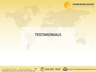 TESTIMONIALS
15Sun Knowledge © 2015-16 Private & Confidential
41 Madison Avenue, 25th Floor, New York, NY 10010, USA
 