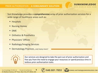 PRIOR AUTHORIZATION – A CONSUMMATE SOLUTION
6Sun Knowledge © 2015-16 Private & Confidential
41 Madison Avenue, 25th Floor, New York, NY 10010, USA
Sun Knowledge provides a comprehensive array of prior authorization services for a
wide range of healthcare areas such as:
 Hospitals
 Nursing Homes
 DME
 Orthotics & Prosthetics
 Physicians’ Offices
 Radiology/Imaging Services
 Dermatology Practices, and many more!
Our services are designed to take the pain out of prior authorization and
free you from the need to engage your resources or spend precious time in
tedious prior authorization tasks.
 