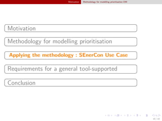 Motivation Methodology for modelling prioritisation DM
§
¦
¤
¥Motivation
§
¦
¤
¥
Methodology for modelling prioritisation
§
¦
¤
¥
Applying the methodology : SEnerCon Use Case
§
¦
¤
¥
Requirements for a general tool-supported
§
¦
¤
¥Conclusion
10 / 18
 