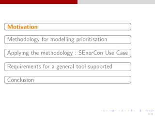 §
¦
¤
¥Motivation
§
¦
¤
¥
Methodology for modelling prioritisation
§
¦
¤
¥
Applying the methodology : SEnerCon Use Case
§
¦
¤
¥
Requirements for a general tool-supported
§
¦
¤
¥Conclusion
3 / 18
 