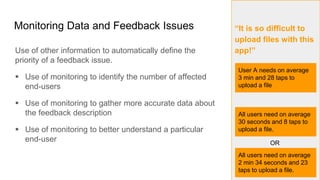 “It is so difficult to
upload files with this
app!”
Monitoring Data and Feedback Issues
Use of other information to automatically define the
priority of a feedback issue.
 Use of monitoring to identify the number of affected
end-users
 Use of monitoring to gather more accurate data about
the feedback description
 Use of monitoring to better understand a particular
end-user
9
User A needs on average
3 min and 28 taps to
upload a file
All users need on average
30 seconds and 8 taps to
upload a file.
All users need on average
2 min 34 seconds and 23
taps to upload a file.
OR
 