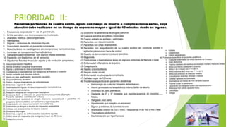PRIORIDAD II:
Pacientes portadores de cuadro súbito, agudo con riesgo de muerte o complicaciones serias, cuya
atención debe realizarse en un tiempo de espera no mayor o igual de 10 minutos desde su ingreso.
 