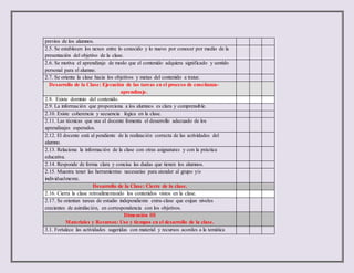 previos de los alumnos.
2.5. Se establecen los nexos entre lo conocido y lo nuevo por conocer por medio de la
presentación del objetivo de la clase.
2.6. Se motiva el aprendizaje de modo que el contenido adquiera significado y sentido
personal para el alumno.
2.7. Se orienta la clase hacia los objetivos y metas del contenido a tratar.
Desarrollo de la Clase: Ejecución de las tareas en el proceso de enseñanza-
aprendizaje.
2.8. Existe dominio del contenido.
2.9. La información que proporciona a los alumnos es clara y comprensible.
2.10. Existe coherencia y secuencia lógica en la clase.
2.11. Las técnicas que usa el docente fomenta el desarrollo adecuado de los
aprendizajes esperados.
2.12. El docente está al pendiente de la realización correcta de las actividades del
alumno.
2.13. Relaciona la información de la clase con otras asignaturas y con la práctica
educativa.
2.14. Responde de forma clara y concisa las dudas que tienen los alumnos.
2.15. Muestra tener las herramientas necesarias para atender al grupo y/o
individualmente.
Desarrollo de la Clase: Cierre de la clase.
2.16. Cierra la clase retroalimentando los contenidos vistos en la clase.
2.17. Se orientan tareas de estudio independiente extra-clase que exijan niveles
crecientes de asimilación, en correspondencia con los objetivos.
Dimensión III
Materiales y Recursos: Uso y tiempos en el desarrollo de la clase.
3.1. Fortalece las actividades sugeridas con material y recursos acordes a la temática
 