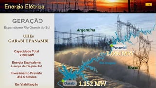 Energia Elétrica 14
GERAÇÃO
Expansão no Rio Grande do Sul
Capacidade Total
2.200 MW
Energia Equivalente
à carga da Região Sul
Investimento Previsto
US$ 5 bilhões
Em Viabilização
UHEs
GARABI E PANAMBI
 