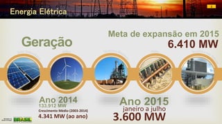 Geração
Ano 2014
133.912 MW
Crescimento Médio (2003-2014)
4.341 MW (ao ano)
Ano 2015
janeiro a julho
3.600 MW
Meta de expansão em 2015
6.410 MW
3
Energia Elétrica
 