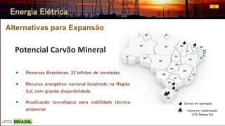 RS
Alternativas para Expansão
RS
SC
Usinas em operação
Usina em implantação
UTE Pampa Sul
Potencial Carvão Mineral
 Reservas Brasileiras: 32 bilhões de toneladas.
 Recurso energético nacional localizado na Região
Sul, com grande disponibilidade.
 Atualização tecnológica para viabilidade técnica
ambiental.
9
Energia Elétrica
 