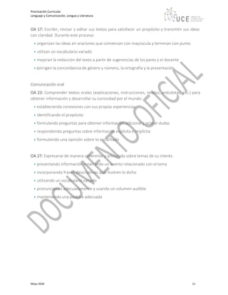 Priorización Curricular
Lenguaje y Comunicación, Lengua y Literatura
Mayo 2020 11
OA 17: Escribir, revisar y editar sus textos para satisfacer un propósito y transmitir sus ideas
con claridad. Durante este proceso:
• organizan las ideas en oraciones que comienzan con mayúscula y terminan con punto
• utilizan un vocabulario variado
• mejoran la redacción del texto a partir de sugerencias de los pares y el docente
• corrigen la concordancia de género y número, la ortografía y la presentación.
Comunicación oral
OA 23: Comprender textos orales (explicaciones, instrucciones, relatos, anécdotas, etc.) para
obtener información y desarrollar su curiosidad por el mundo:
• estableciendo conexiones con sus propias experiencias
• identificando el propósito
• formulando preguntas para obtener información adicional y aclarar dudas
• respondiendo preguntas sobre información explícita e implícita
• formulando una opinión sobre lo escuchado
OA 27: Expresarse de manera coherente y articulada sobre temas de su interés:
• presentando información o narrando un evento relacionado con el tema
• incorporando frases descriptivas que ilustren lo dicho
• utilizando un vocabulario variado
• pronunciando adecuadamente y usando un volumen audible
• manteniendo una postura adecuada
 