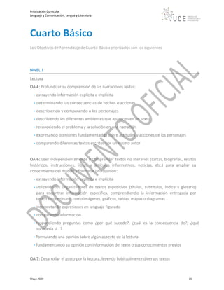 Priorización Curricular
Lenguaje y Comunicación, Lengua y Literatura
Mayo 2020 16
Cuarto Básico
Los ObjetivosdeAprendizajedeCuarto Básicopriorizados son los siguientes
NIVEL 1
Lectura
OA 4: Profundizar su comprensión de las narraciones leídas:
• extrayendo información explícita e implícita
• determinando las consecuencias de hechos o acciones
• describiendo y comparando a los personajes
• describiendo los diferentes ambientes que aparecen en un texto
• reconociendo el problema y la solución en una narración
• expresando opiniones fundamentadas sobre actitudes y acciones de los personajes
• comparando diferentes textos escritos por un mismo autor
OA 6: Leer independientemente y comprender textos no literarios (cartas, biografías, relatos
históricos, instrucciones, libros y artículos informativos, noticias, etc.) para ampliar su
conocimiento del mundo y formarse una opinión:
• extrayendo información explícita e implícita
• utilizando los organizadores de textos expositivos (títulos, subtítulos, índice y glosario)
para encontrar información específica, comprendiendo la información entregada por
textos discontinuos, como imágenes, gráficos, tablas, mapas o diagramas
• interpretando expresiones en lenguaje figurado
• comparando información
• respondiendo preguntas como ¿por qué sucede?, ¿cuál es la consecuencia de?, ¿qué
sucedería si...?
• formulando una opinión sobre algún aspecto de la lectura
• fundamentando su opinión con información del texto o sus conocimientos previos
OA 7: Desarrollar el gusto por la lectura, leyendo habitualmente diversos textos
 