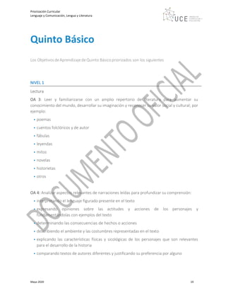 Priorización Curricular
Lenguaje y Comunicación, Lengua y Literatura
Mayo 2020 19
Quinto Básico
Los ObjetivosdeAprendizajedeQuinto Básicopriorizados son los siguientes
NIVEL 1
Lectura
OA 3: Leer y familiarizarse con un amplio repertorio de literatura para aumentar su
conocimiento del mundo, desarrollar su imaginación y reconocer su valor social y cultural; por
ejemplo:
• poemas
• cuentos folclóricos y de autor
• fábulas
• leyendas
• mitos
• novelas
• historietas
• otros
OA 4: Analizar aspectos relevantes de narraciones leídas para profundizar su comprensión:
• interpretando el lenguaje figurado presente en el texto
• expresando opiniones sobre las actitudes y acciones de los personajes y
fundamentándolas con ejemplos del texto
• determinando las consecuencias de hechos o acciones
• describiendo el ambiente y las costumbres representadas en el texto
• explicando las características físicas y sicológicas de los personajes que son relevantes
para el desarrollo de la historia
• comparando textos de autores diferentes y justificando su preferencia por alguno
 
