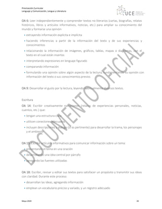 Priorización Curricular
Lenguaje y Comunicación, Lengua y Literatura
Mayo 2020 20
OA 6: Leer independientemente y comprender textos no literarios (cartas, biografías, relatos
históricos, libros y artículos informativos, noticias, etc.) para ampliar su conocimiento del
mundo y formarse una opinión:
• extrayendo información explícita e implícita
• haciendo inferencias a partir de la información del texto y de sus experiencias y
conocimientos
• relacionando la información de imágenes, gráficos, tablas, mapas o diagramas, con el
texto en el cual están insertos
• interpretando expresiones en lenguaje figurado
• comparando información
• formulando una opinión sobre algún aspecto de la lectura, fundamentando su opinión con
información del texto o sus conocimientos previos
OA 9: Desarrollar el gusto por la lectura, leyendo habitualmente diversos textos.
Escritura
OA 14: Escribir creativamente narraciones (relatos de experiencias personales, noticias,
cuentos, etc.) que:
• tengan una estructura clara
• utilicen conectores adecuados
• incluyan descripciones y diálogo (si es pertinente) para desarrollar la trama, los personajes
y el ambiente
OA 15: Escribir artículos informativos para comunicar información sobre un tema:
• presentando el tema en una oración
• desarrollando una idea central por párrafo
• agregando las fuentes utilizadas
OA 18: Escribir, revisar y editar sus textos para satisfacer un propósito y transmitir sus ideas
con claridad. Durante este proceso:
• desarrollan las ideas, agregando información
• emplean un vocabulario preciso y variado, y un registro adecuado
 