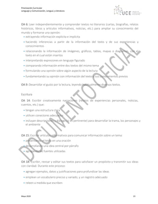 Priorización Curricular
Lenguaje y Comunicación, Lengua y Literatura
Mayo 2020 23
OA 6: Leer independientemente y comprender textos no literarios (cartas, biografías, relatos
históricos, libros y artículos informativos, noticias, etc.) para ampliar su conocimiento del
mundo y formarse una opinión:
• extrayendo información explícita e implícita
• haciendo inferencias a partir de la información del texto y de sus experiencias y
conocimientos
• relacionando la información de imágenes, gráficos, tablas, mapas o diagramas, con el
texto en el cual están insertos
• interpretando expresiones en lenguaje figurado
• comparando información entre dos textos del mismo tema
• formulando una opinión sobre algún aspecto de la lectura
• fundamentando su opinión con información del texto o sus conocimientos previos
OA 9: Desarrollar el gusto por la lectura, leyendo habitualmente diversos textos.
Escritura
OA 14: Escribir creativamente narraciones (relatos de experiencias personales, noticias,
cuentos, etc.) que:
• tengan una estructura clara
• utilicen conectores adecuados
• incluyan descripciones y diálogo (si es pertinente) para desarrollar la trama, los personajes y
el ambiente
OA 15: Escribir artículos informativos para comunicar información sobre un tema:
• presentando el tema en una oración
• desarrollando una idea central por párrafo
• agregando las fuentes utilizadas
OA 18: Escribir, revisar y editar sus textos para satisfacer un propósito y transmitir sus ideas
con claridad. Durante este proceso:
• agregan ejemplos, datos y justificaciones para profundizar las ideas
• emplean un vocabulario preciso y variado, y un registro adecuado
• releen a medida que escriben
 
