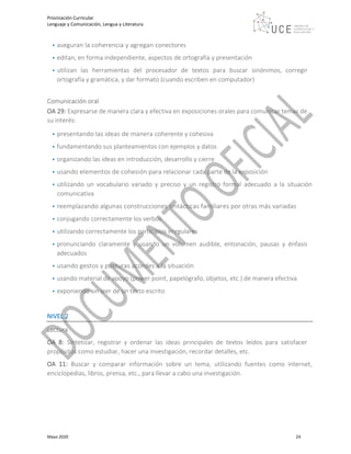 Priorización Curricular
Lenguaje y Comunicación, Lengua y Literatura
Mayo 2020 24
• aseguran la coherencia y agregan conectores
• editan, en forma independiente, aspectos de ortografía y presentación
• utilizan las herramientas del procesador de textos para buscar sinónimos, corregir
ortografía y gramática, y dar formato (cuando escriben en computador)
Comunicación oral
OA 29: Expresarse de manera clara y efectiva en exposiciones orales para comunicar temas de
su interés:
• presentando las ideas de manera coherente y cohesiva
• fundamentando sus planteamientos con ejemplos y datos
• organizando las ideas en introducción, desarrollo y cierre
• usando elementos de cohesión para relacionar cada parte de la exposición
• utilizando un vocabulario variado y preciso y un registro formal adecuado a la situación
comunicativa
• reemplazando algunas construcciones sintácticas familiares por otras más variadas
• conjugando correctamente los verbos
• utilizando correctamente los participios irregulares
• pronunciando claramente y usando un volumen audible, entonación, pausas y énfasis
adecuados
• usando gestos y posturas acordes a la situación
• usando material de apoyo (power point, papelógrafo, objetos, etc.) de manera efectiva
• exponiendo sin leer de un texto escrito
NIVEL 2
Lectura
OA 8: Sintetizar, registrar y ordenar las ideas principales de textos leídos para satisfacer
propósitos como estudiar, hacer una investigación, recordar detalles, etc.
OA 11: Buscar y comparar información sobre un tema, utilizando fuentes como internet,
enciclopedias, libros, prensa, etc., para llevar a cabo una investigación.
 