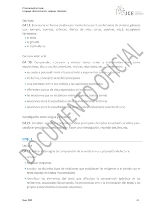 Priorización Curricular
Lenguaje y Comunicación, Lengua y Literatura
Mayo 2020 26
Escritura
OA 12: Expresarse en forma creativa por medio de la escritura de textos de diversos géneros
(por ejemplo, cuentos, crónicas, diarios de vida, cartas, poemas, etc.), escogiendo
libremente:
• el tema
• el género
• el destinatario
Comunicación oral
OA 20: Comprender, comparar y evaluar textos orales y audiovisuales tales como
exposiciones, discursos, documentales, noticias, reportajes, etc., considerando:
• su postura personal frente a lo escuchado y argumentos que la sustenten
• los temas, conceptos o hechos principales
• una distinción entre los hechos y las opiniones expresadas
• diferentes puntos de vista expresados en los textos
• las relaciones que se establecen entre imágenes, texto y sonido
• relaciones entre lo escuchado y otras manifestaciones artísticas
• relaciones entre lo escuchado y los temas y obras estudiados durante el curso
Investigación sobre lengua y literatura
OA 25: Sintetizar, registrar y ordenar las ideas principales de textos escuchados o leídos para
satisfacer propósitos como estudiar, hacer una investigación, recordar detalles, etc.
NIVEL 2
Lectura
OA 11: Aplicar estrategias de comprensión de acuerdo con sus propósitos de lectura:
• resumir
• formular preguntas
• analizar los distintos tipos de relaciones que establecen las imágenes o el sonido con el
texto escrito (en textos multimodales)
• identificar los elementos del texto que dificultan la comprensión (pérdida de los
referentes, vocabulario desconocido, inconsistencias entre la información del texto y los
propios conocimientos) y buscar soluciones.
 