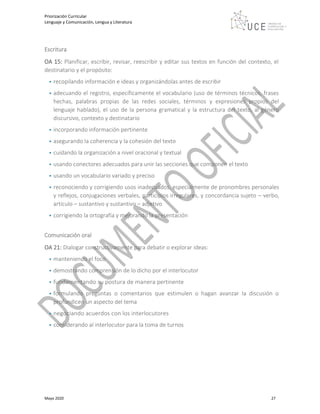 Priorización Curricular
Lenguaje y Comunicación, Lengua y Literatura
Mayo 2020 27
Escritura
OA 15: Planificar, escribir, revisar, reescribir y editar sus textos en función del contexto, el
destinatario y el propósito:
• recopilando información e ideas y organizándolas antes de escribir
• adecuando el registro, específicamente el vocabulario (uso de términos técnicos, frases
hechas, palabras propias de las redes sociales, términos y expresiones propios del
lenguaje hablado), el uso de la persona gramatical y la estructura del texto, al género
discursivo, contexto y destinatario
• incorporando información pertinente
• asegurando la coherencia y la cohesión del texto
• cuidando la organización a nivel oracional y textual
• usando conectores adecuados para unir las secciones que componen el texto
• usando un vocabulario variado y preciso
• reconociendo y corrigiendo usos inadecuados, especialmente de pronombres personales
y reflejos, conjugaciones verbales, participios irregulares, y concordancia sujeto – verbo,
artículo – sustantivo y sustantivo – adjetivo
• corrigiendo la ortografía y mejorando la presentación
Comunicación oral
OA 21: Dialogar constructivamente para debatir o explorar ideas:
• manteniendo el foco
• demostrando comprensión de lo dicho por el interlocutor
• fundamentando su postura de manera pertinente
• formulando preguntas o comentarios que estimulen o hagan avanzar la discusión o
profundicen un aspecto del tema
• negociando acuerdos con los interlocutores
• considerando al interlocutor para la toma de turnos
 