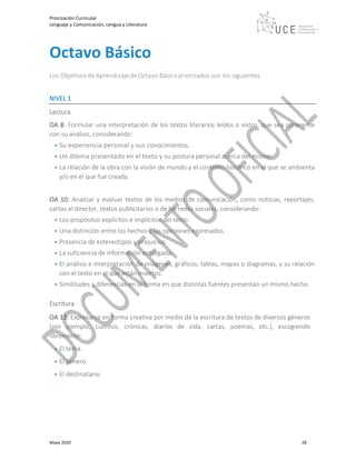 Priorización Curricular
Lenguaje y Comunicación, Lengua y Literatura
Mayo 2020 28
Octavo Básico
Los ObjetivosdeAprendizajedeOctavo Básicopriorizados son los siguientes
NIVEL 1
Lectura
OA 8: Formular una interpretación de los textos literarios leídos o vistos, que sea coherente
con su análisis, considerando:
• Su experiencia personal y sus conocimientos.
• Un dilema presentado en el texto y su postura personal acerca del mismo.
• La relación de la obra con la visión de mundo y el contexto histórico en el que se ambienta
y/o en el que fue creada.
OA 10: Analizar y evaluar textos de los medios de comunicación, como noticias, reportajes,
cartas al director, textos publicitarios o de las redes sociales, considerando:
• Los propósitos explícitos e implícitos del texto.
• Una distinción entre los hechos y las opiniones expresados.
• Presencia de estereotipos y prejuicios.
• La suficiencia de información entregada.
• El análisis e interpretación de imágenes, gráficos, tablas, mapas o diagramas, y su relación
con el texto en el que están insertos.
• Similitudes y diferencias en la forma en que distintas fuentes presentan un mismo hecho.
Escritura
OA 13: Expresarse en forma creativa por medio de la escritura de textos de diversos géneros
(por ejemplo, cuentos, crónicas, diarios de vida, cartas, poemas, etc.), escogiendo
libremente:
• El tema.
• El género.
• El destinatario.
 