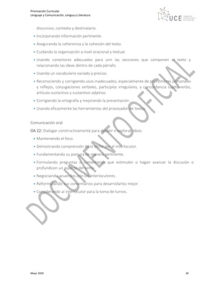 Priorización Curricular
Lenguaje y Comunicación, Lengua y Literatura
Mayo 2020 30
discursivo, contexto y destinatario.
• Incorporando información pertinente.
• Asegurando la coherencia y la cohesión del texto.
• Cuidando la organización a nivel oracional y textual.
• Usando conectores adecuados para unir las secciones que componen el texto y
relacionando las ideas dentro de cada párrafo.
• Usando un vocabulario variado y preciso.
• Reconociendo y corrigiendo usos inadecuados, especialmente de pronombres personales
y reflejos, conjugaciones verbales, participios irregulares, y concordancia sujeto-verbo,
artículo-sustantivo y sustantivo-adjetivo.
• Corrigiendo la ortografía y mejorando la presentación.
• Usando eficazmente las herramientas del procesador de textos.
Comunicación oral
OA 22: Dialogar constructivamente para debatir o explorar ideas:
• Manteniendo el foco.
• Demostrando comprensión de lo dicho por el interlocutor.
• Fundamentando su postura de manera pertinente.
• Formulando preguntas o comentarios que estimulen o hagan avanzar la discusión o
profundicen un aspecto del tema.
• Negociando acuerdos con los interlocutores.
• Reformulando sus comentarios para desarrollarlos mejor.
• Considerando al interlocutor para la toma de turnos.
 