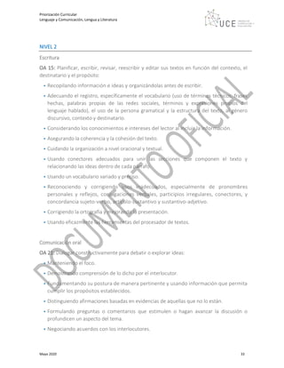 Priorización Curricular
Lenguaje y Comunicación, Lengua y Literatura
Mayo 2020 33
NIVEL 2
Escritura
OA 15: Planificar, escribir, revisar, reescribir y editar sus textos en función del contexto, el
destinatario y el propósito:
• Recopilando información e ideas y organizándolas antes de escribir.
• Adecuando el registro, específicamente el vocabulario (uso de términos técnicos, frases
hechas, palabras propias de las redes sociales, términos y expresiones propios del
lenguaje hablado), el uso de la persona gramatical y la estructura del texto, al género
discursivo, contexto y destinatario.
• Considerando los conocimientos e intereses del lector al incluir la información.
• Asegurando la coherencia y la cohesión del texto.
• Cuidando la organización a nivel oracional y textual.
• Usando conectores adecuados para unir las secciones que componen el texto y
relacionando las ideas dentro de cada párrafo.
• Usando un vocabulario variado y preciso.
• Reconociendo y corrigiendo usos inadecuados, especialmente de pronombres
personales y reflejos, conjugaciones verbales, participios irregulares, conectores, y
concordancia sujeto-verbo, artículo-sustantivo y sustantivo-adjetivo.
• Corrigiendo la ortografía y mejorando la presentación.
• Usando eficazmente las herramientas del procesador de textos.
Comunicación oral
OA 21: Dialogar constructivamente para debatir o explorar ideas:
• Manteniendo el foco.
• Demostrando comprensión de lo dicho por el interlocutor.
• Fundamentando su postura de manera pertinente y usando información que permita
cumplir los propósitos establecidos.
• Distinguiendo afirmaciones basadas en evidencias de aquellas que no lo están.
• Formulando preguntas o comentarios que estimulen o hagan avanzar la discusión o
profundicen un aspecto del tema.
• Negociando acuerdos con los interlocutores.
 