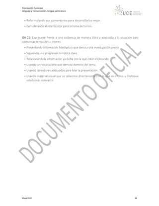 Priorización Curricular
Lenguaje y Comunicación, Lengua y Literatura
Mayo 2020 34
• Reformulando sus comentarios para desarrollarlos mejor.
• Considerando al interlocutor para la toma de turnos.
OA 22: Expresarse frente a una audiencia de manera clara y adecuada a la situación para
comunicar temas de su interés:
• Presentando información fidedigna y que denota una investigación previa.
• Siguiendo una progresión temática clara.
• Relacionando la información ya dicha con la que están explicando.
• Usando un vocabulario que denota dominio del tema.
• Usando conectores adecuados para hilar la presentación.
• Usando material visual que se relacione directamente con lo que se explica y destaque
solo lo más relevante.
 