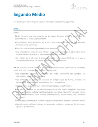 Priorización Curricular
Lenguaje y Comunicación, Lengua y Literatura
Mayo 2020 35
Segundo Medio
Los Objetivos de Aprendizaje de Segundo Medio priorizados son los siguientes
NIVEL 1
Lectura
OA 8: Formular una interpretación de los textos literarios leídos o vistos, que sea
coherente con su análisis, considerando:
• Una hipótesis sobre el sentido de la obra, que muestre un punto de vista personal,
histórico, social o universal.
• Una crítica de la obra sustentada en citas o ejemplos.
• Los antecedentes culturales que influyen en la visión que refleja la obra sobre temas
como el destino, la muerte, la trascendencia, la guerra u otros.
• La relación de la obra con la visión de mundo y el contexto histórico en el que se
ambienta y/o en el que fue creada, ejemplificando dicha relación.
OA 10: Analizar y evaluar textos de los medios de comunicación, como noticias, reportajes,
cartas al director, propaganda o crónicas, considerando:
• Los propósitos explícitos e implícitos del texto, justificando con ejemplos sus
afirmaciones sobre dichos propósitos.
• Las estrategias de persuasión utilizadas en el texto (uso del humor, presencia de
estereotipos, apelación a los sentimientos, etc.) y evaluándolas.
• Las evidencias que se entregan o se omiten para apoyar una afirmación.
• Los efectos causados por recursos no lingüísticos (como diseño, imágenes, disposición
gráfica y efectos de audio) y lingüísticos (uso de imperativo, figuras literarias, expresiones
populares, palabras en otros idiomas, intertextualidad, modalizaciones, etc.) presentes
en el texto.
• Similitudes y diferencias en la forma en que distintas fuentes presentan un mismo hecho.
• Qué elementos del texto influyen en las propias opiniones, percepción de sí mismo y
opciones que tomamos.
 