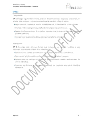 Priorización Curricular
Lenguaje y Comunicación, Lengua y Literatura
Mayo 2020 42
NIVEL 2
Comprensión
OA 7: Dialogar argumentativamente, evitando descalificaciones o prejuicios, para construir y
ampliar ideas en torno a interpretaciones literarias y análisis crítico de textos:
• Explicando sus criterios de análisis o interpretación, razonamientos y conclusiones.
• Usando evidencia disponible para fundamentar posturas y reflexiones.
• Evaluando el razonamiento de otros (sus premisas, relaciones entre ideas, elecciones de
palabras y énfasis).
• Incorporando las posiciones de sus pares para ampliarlas o refutarlas.
Investigación
OA 8: Investigar sobre diversos temas para enriquecer sus lecturas y análisis, o para
responder interrogantes propias de la asignatura:
• Seleccionando fuentes e información según criterios de validez y confiabilidad.
• Procesando la información mediante herramientas digitales o impresas.
• Comunicando sus hallazgos por medio de géneros (escritos, orales o audiovisuales) del
ámbito educativo.
• Haciendo uso ético de la información investigada por medio de recursos de citación y
referencia.
 