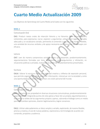 Priorización Curricular
Lenguaje y Comunicación, Lengua y Literatura
Mayo 2020 43
Cuarto Medio Actualización 2009
Los Objetivos de Aprendizaje de Cuarto Medio priorizados son los siguientes
NIVEL 1
Comunicación Oral
OA3. Producir textos orales de intención literaria y no literarios, bien estructurados y
coherentes, para expresarse, narrar, exponer y argumentar, utilizando el registro de habla
adecuado y un vocabulario variado, pertinente al contenido y preciso, y de manera flexible,
una variedad de recursos verbales y de apoyo necesarios para comunicar los mensajes con
eficacia.
Lectura
OA7. Leer de manera comprensiva variados textos que presentan, predominantemente,
argumentaciones formadas por tesis, argumentos, contraargumentos y refutación, en
situaciones públicas o privadas, evaluando la validez de los planteamientos presentados.
Escritura
OA14. Valorar la escritura como una actividad creativa y reflexiva de expresión personal,
que permite organizar las ideas, presentar información, interactuar con la sociedad y como
una oportunidad para construir y plantear una visión personal del mundo.
NIVEL 2
Comunicación Oral
OA1. Interactuar con propiedad en diversas situaciones comunicativas, predominantemente
argumentativas, integrando puntos de vista ajenos a favor de sus propias argumentaciones y
evaluando la validez de los argumentos propios y ajenos, valorando el diálogo como un medio
para intercambiar opiniones, disentir legítimamente y lograr consensos.
OA11. Utilizar adecuadamente un léxico amplio y variado, explorando, de manera flexible,
precisa y creativa, el uso de nuevas palabras, expresiones y terminología de acuerdo con
contenido, propósito y audiencia.
 