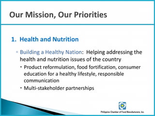 2. Food Safety, Food Security
 ◦ Access to safe, high quality nutritious food for a
   healthy life
    Food standards, G...