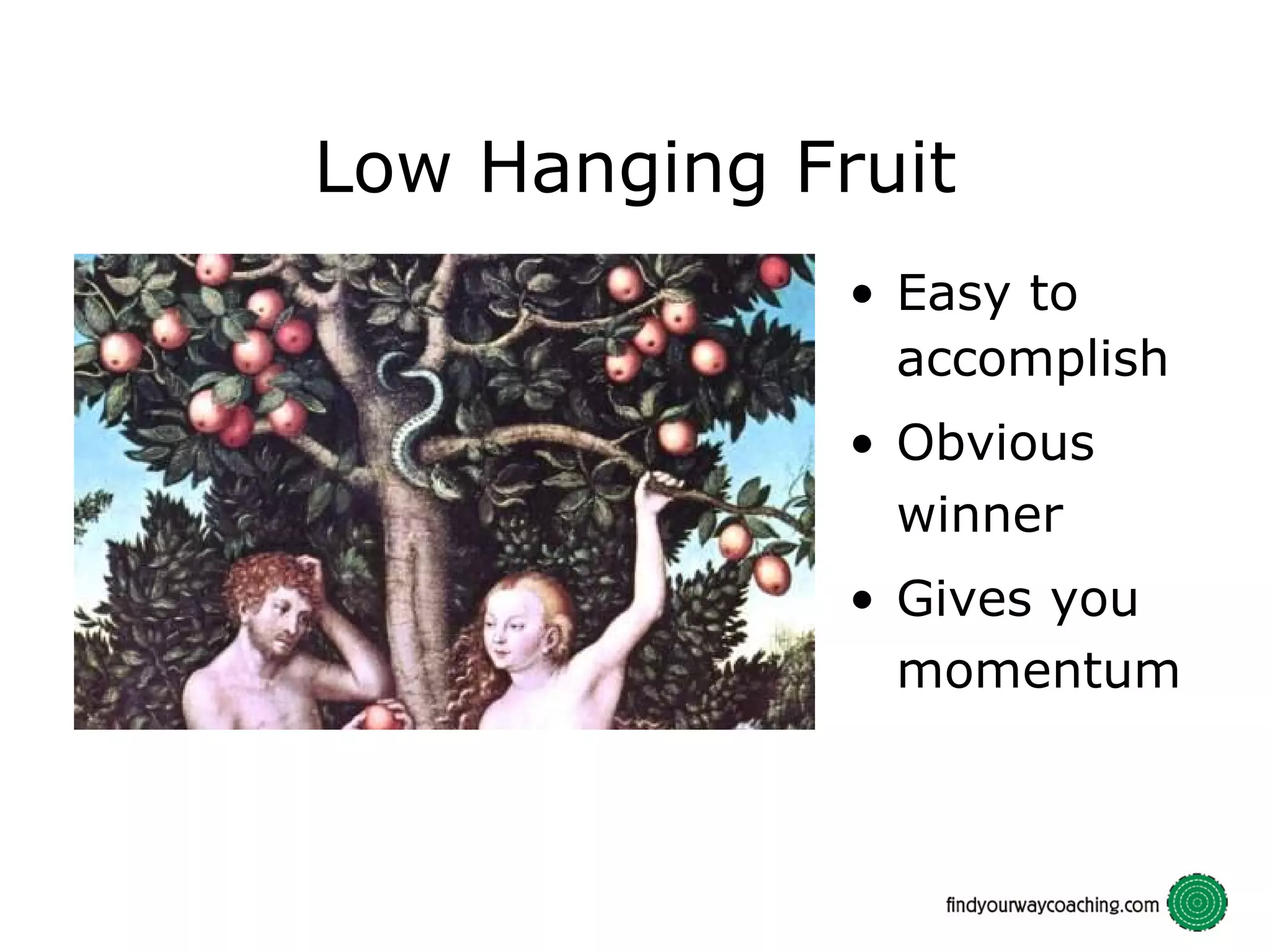 Low Hanging Fruit Easy to accomplish Obvious winner Gives you momentum