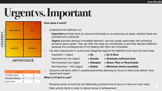 JamieMeredith
Urgentvs.Important
4
How does it work?
1. Understand the definition of:

Important activities have an outcome that leads to us achieving our goals, whether these are
professional or personal.

Urgent activities demand immediate attention, and are usually associated with achieving
someone else's goals. They are often the ones we concentrate on and they demand attention
because the consequences of not dealing with them are immediate.

2. List each requirement or action and categorise against the definition and input into each area

Important + Urgent	 	 	 = Do = Do It Now

Important but not Urgent	 	 = Decide = Schedule sufficient time
Not Important but Urgent	 	 = Delegate = Share, Plan or Reschedule

Not Important + Not Urgent	 = Delete = Eliminate (where possible)
3. Outcome will items within 4 quadrants/prioritise allowing for focus on items that deliver most
reward and urgent.

When is it best to use?
• Personal review of work list and effectively prioritise time to focus on items of most value.

• Daily activity items in order to deliver sense of achievement.
DE LEGATE DO
DECIDEDE LETE
URGENCY
IMPORTANCE
Item/Activity Important Urgent
Complete report ✓ ✓
Schedule Meeting ✗ ✗
Book Travel ✗ ✓
 